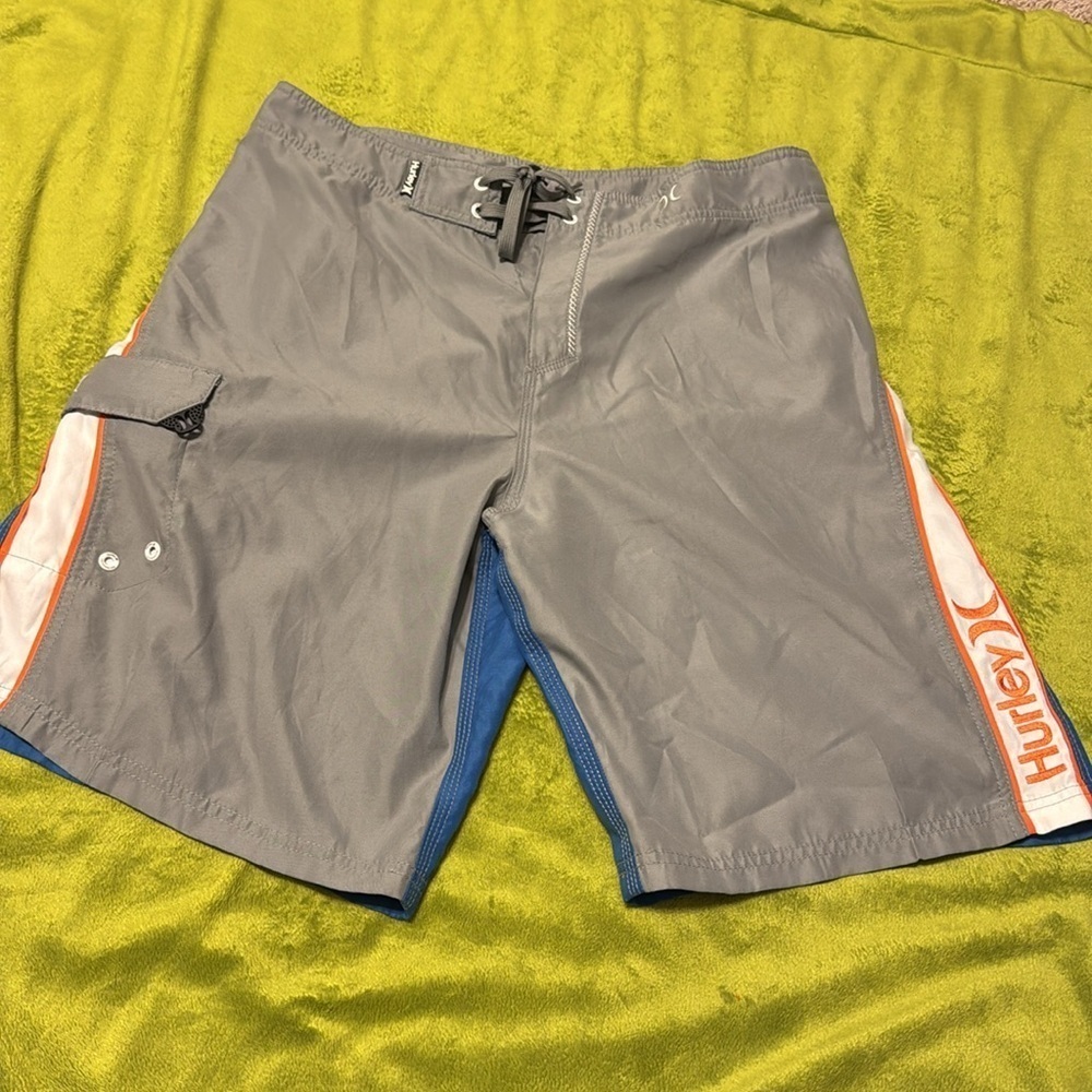 Men’s Hurley Swimming Trunks Gray White Royal with Splash of Orange Sz 34M